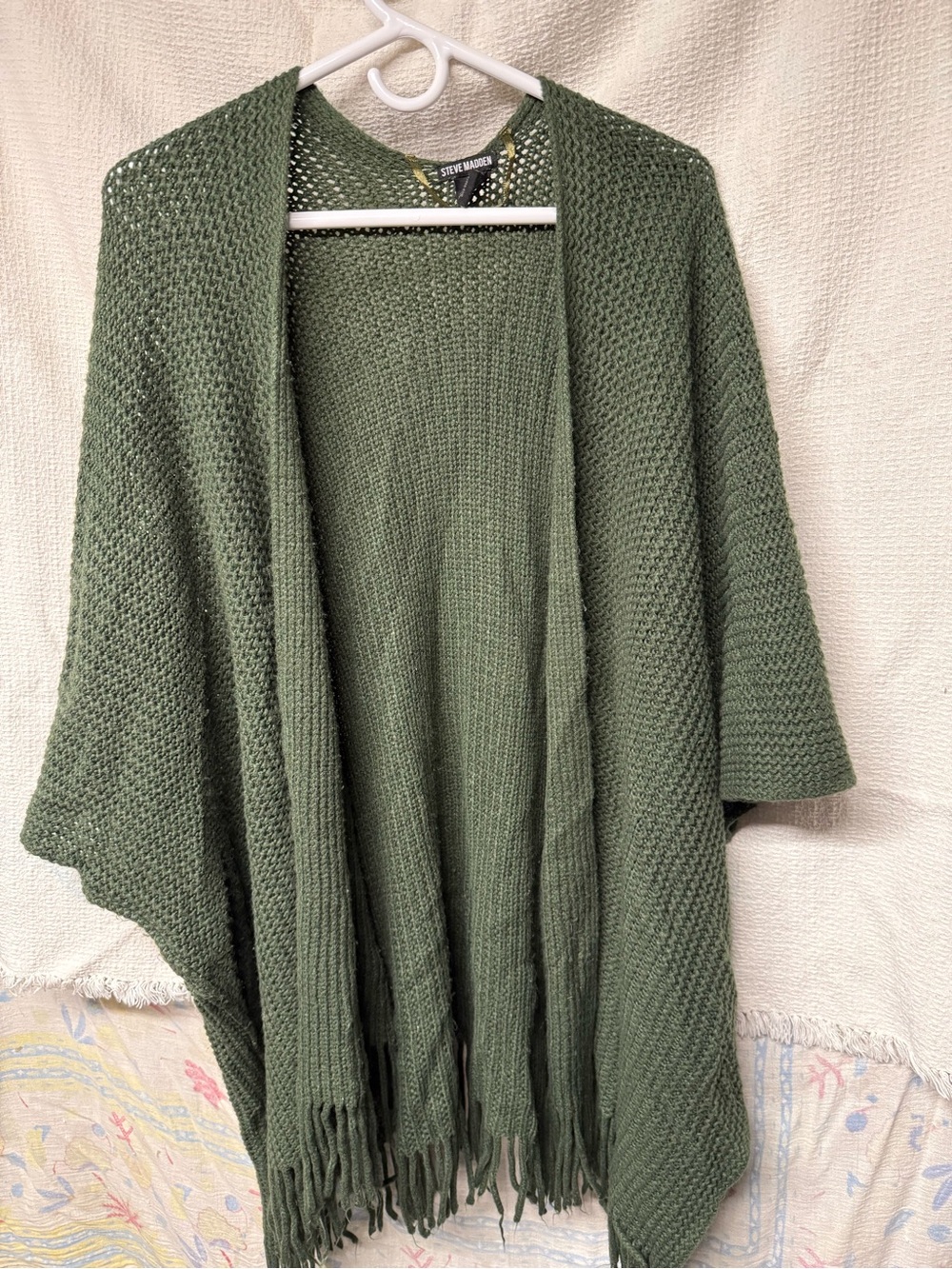 Steve Madden Olive Green Knit Fringe Open-Front Poncho